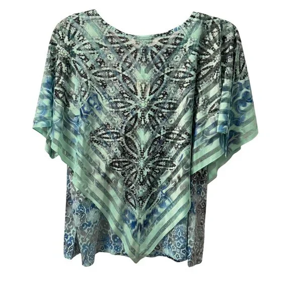One World blouse Sz 2X Blue & Green Printed Top with overlay part blouse. NWT - Picture 9 of 11